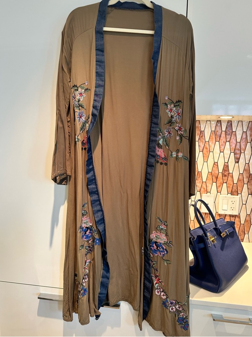 Embroidered Olive Kimono with Denim Trim